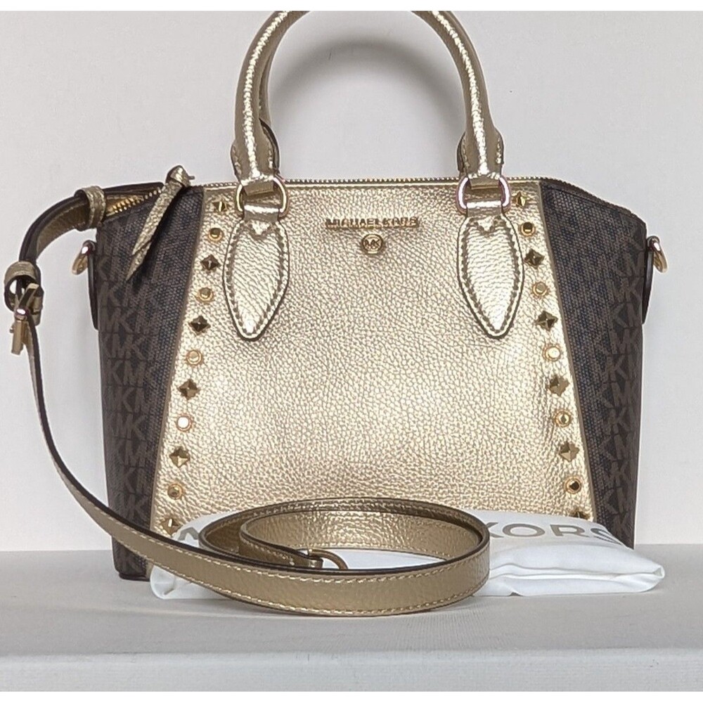 MICHAEL KORS Sienna Satchel Messenger Bag Signature Logo NWT Brown Gold Studs
